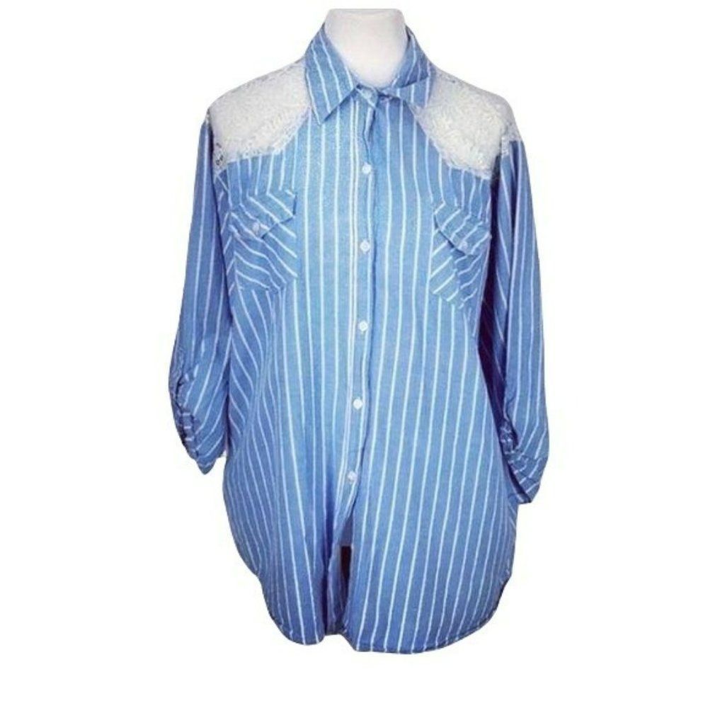 Company One Blue & White striped 3x‎ Lace Trim Button Down Blouse quarter sleeve